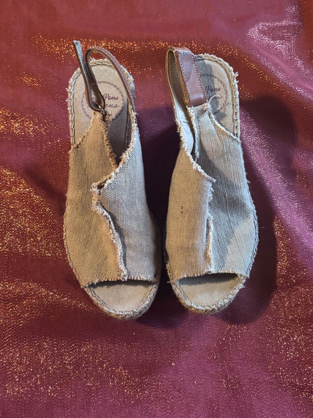 Toni Pons Shoes Womens 36 Espadrille Wedge Slingback Canvas Tan Frayed Open Toe